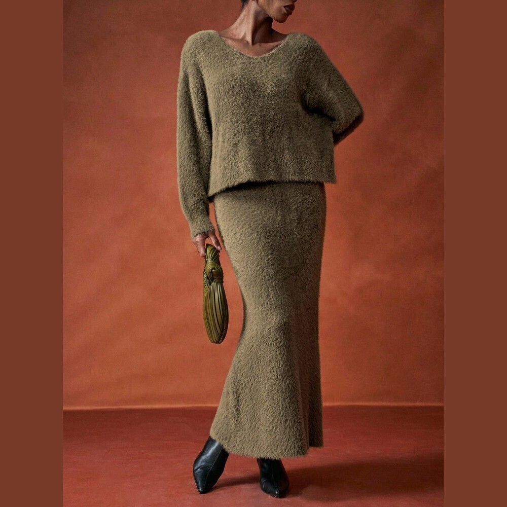 Olive Brown Fuzzy Knit V-Neck Sweater and Flare Maxi Skirt Set